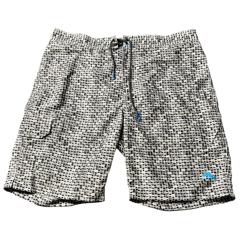 Tommy Bahama Black, Gray and White Board Shorts with Modern Pattern Size Large